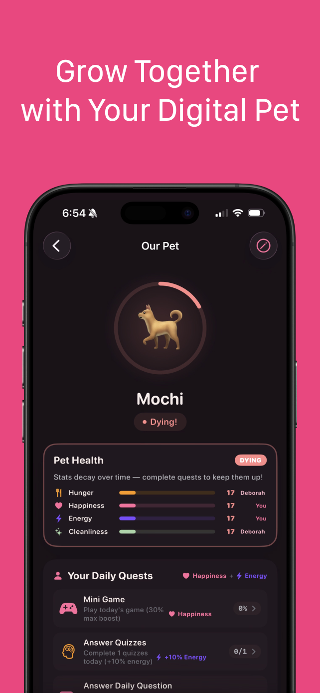Couple Connect home screen with daily relationship questions and partner connection status