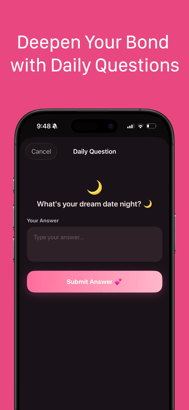 Couple Connect shared games screen showing Would You Rather, Sketch and Guess, and quiz games for couples